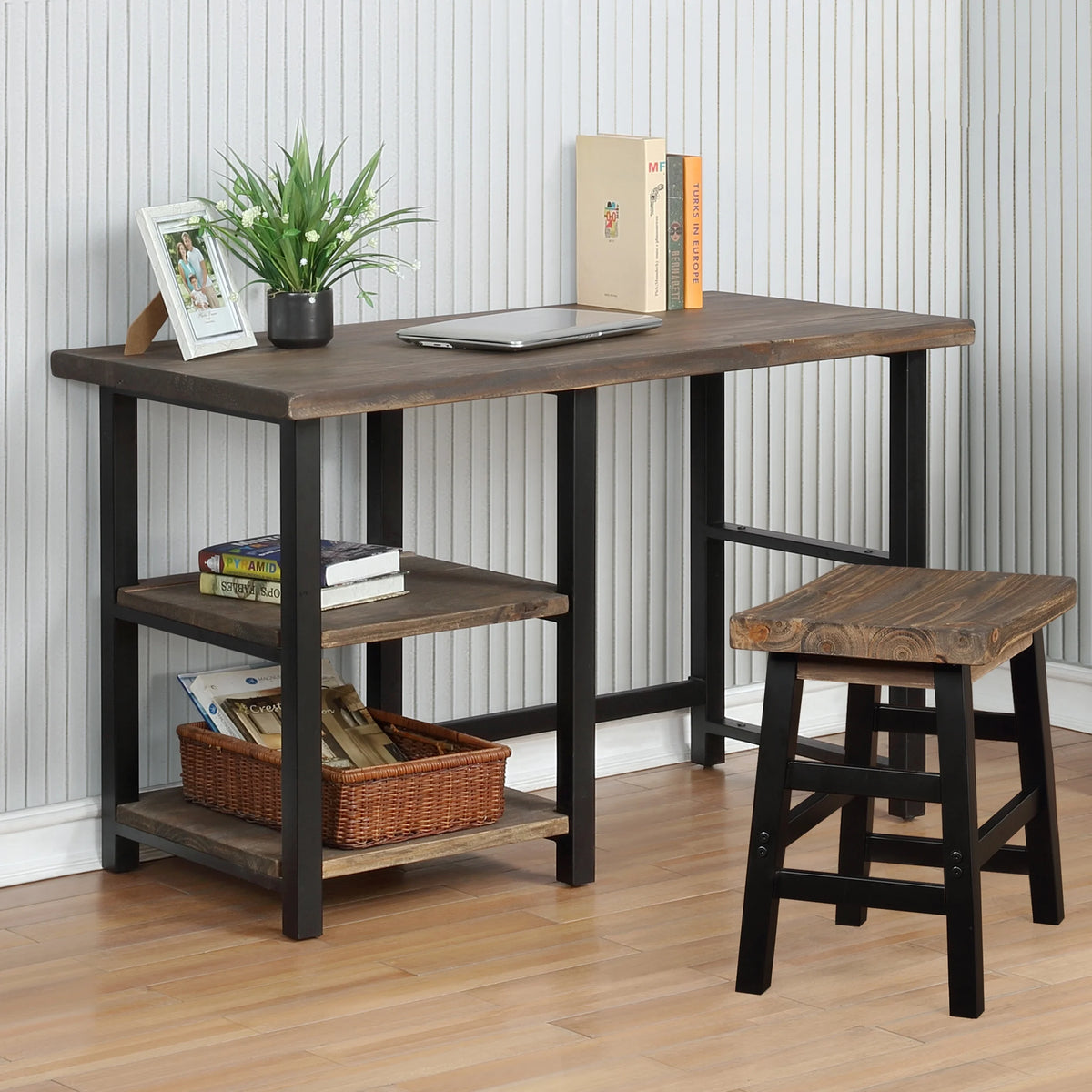 Metal and Solid Wood Desk with 2 Shelves H439