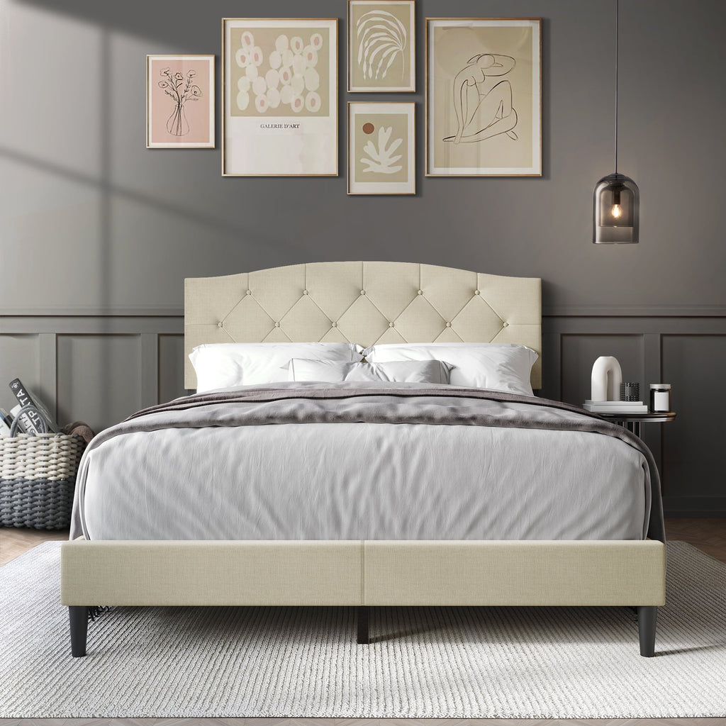 Beige Linen Upholstered Full Platform Bed V5603