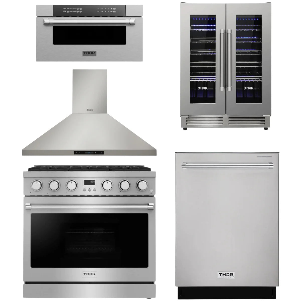 36 Gas Range, Range Hood, Dishwasher, Microwave and Wine Cooler S7138