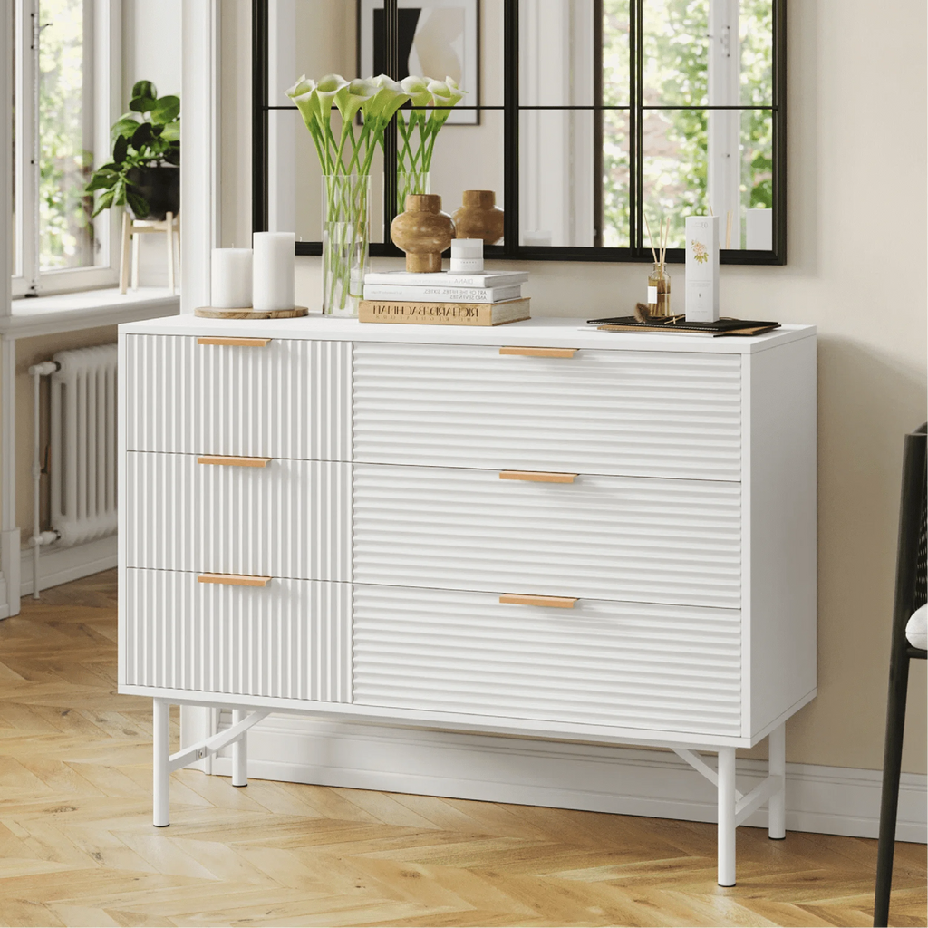 Creamy 6 Drawer Wood Dresser with Metal Base E889