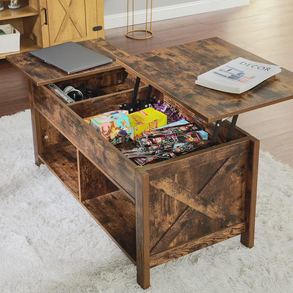 Lift Top Coffee Table with Storage, Solid Wood, Brown L91063