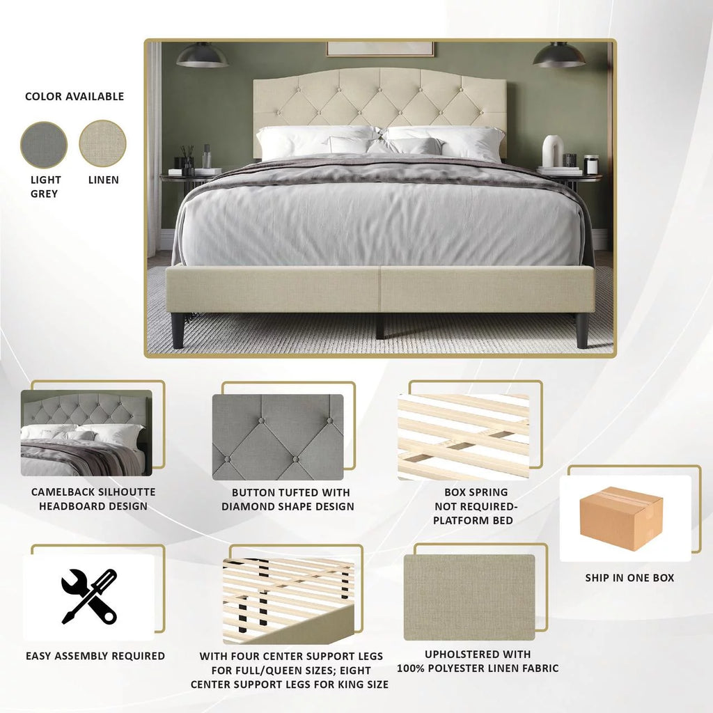 Beige Linen Upholstered Full Platform Bed V5603