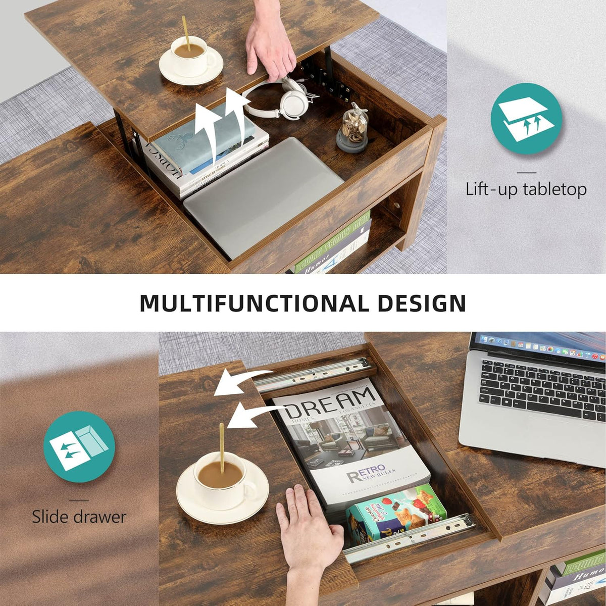 Lift Top Coffee Table with Storage, Solid Wood, Brown L91063