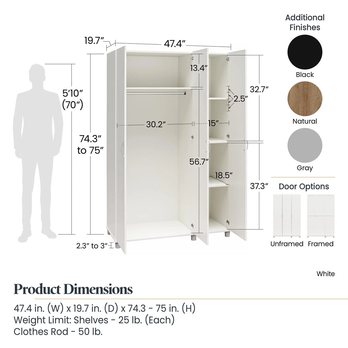 3 Door Dove Gray Wardrobe G825269