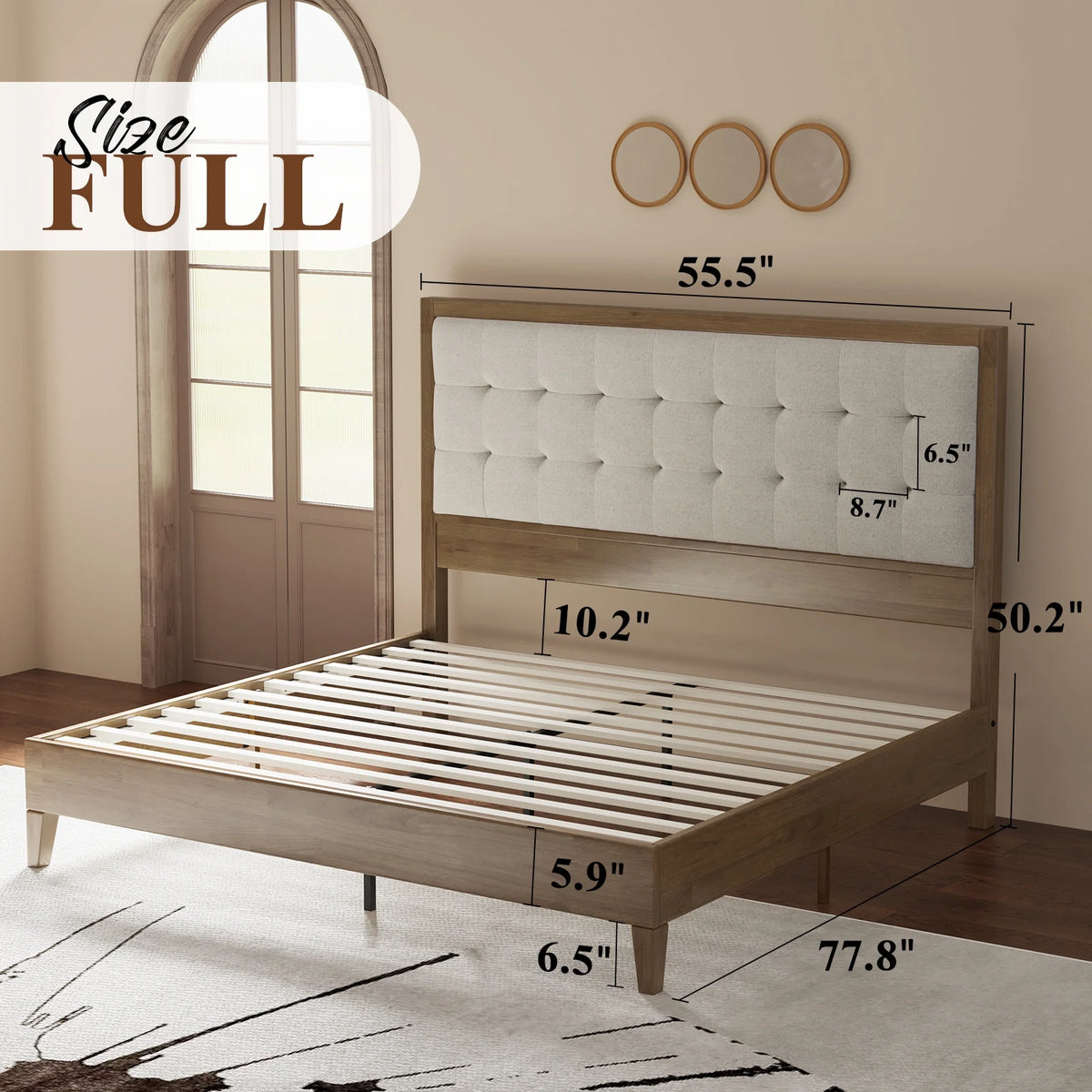 Full Size Wood Platform Bed with Tufted Headboard T3293