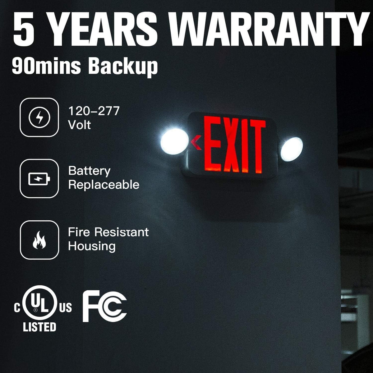 Exit Sign with Emergency Lights, Two LED Adjustable Head, Battery, Pack of 2 Z85793
