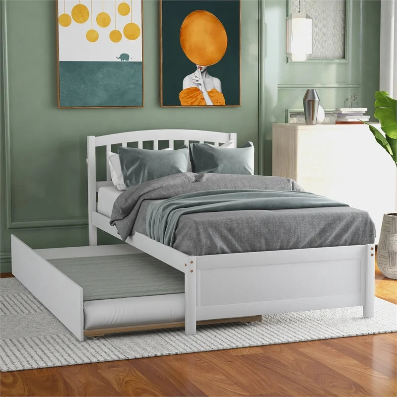 White Twin Size Wood Platform Bed with Trundle O3213