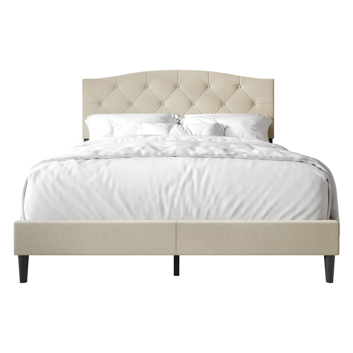 Beige Linen Upholstered Full Platform Bed V5603