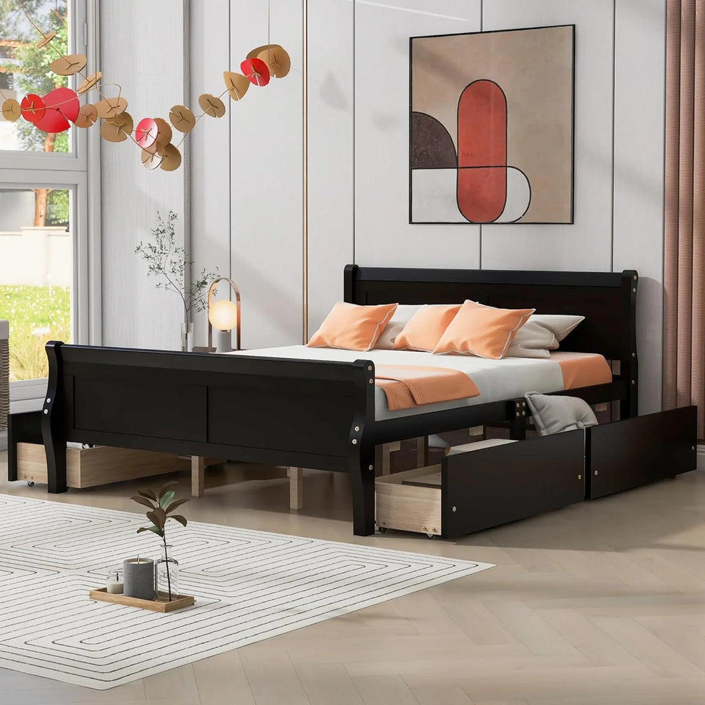 Espresso Wood Platform Bed with 4 Storage Drawers R993133