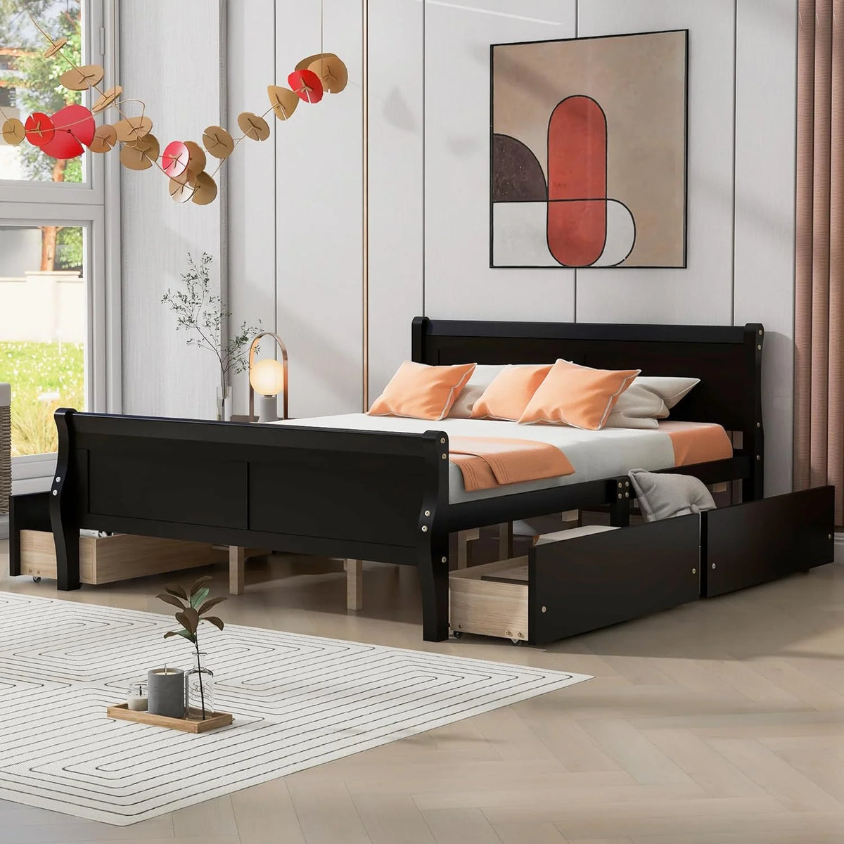 Espresso Wood Platform Bed with 4 Storage Drawers R993133