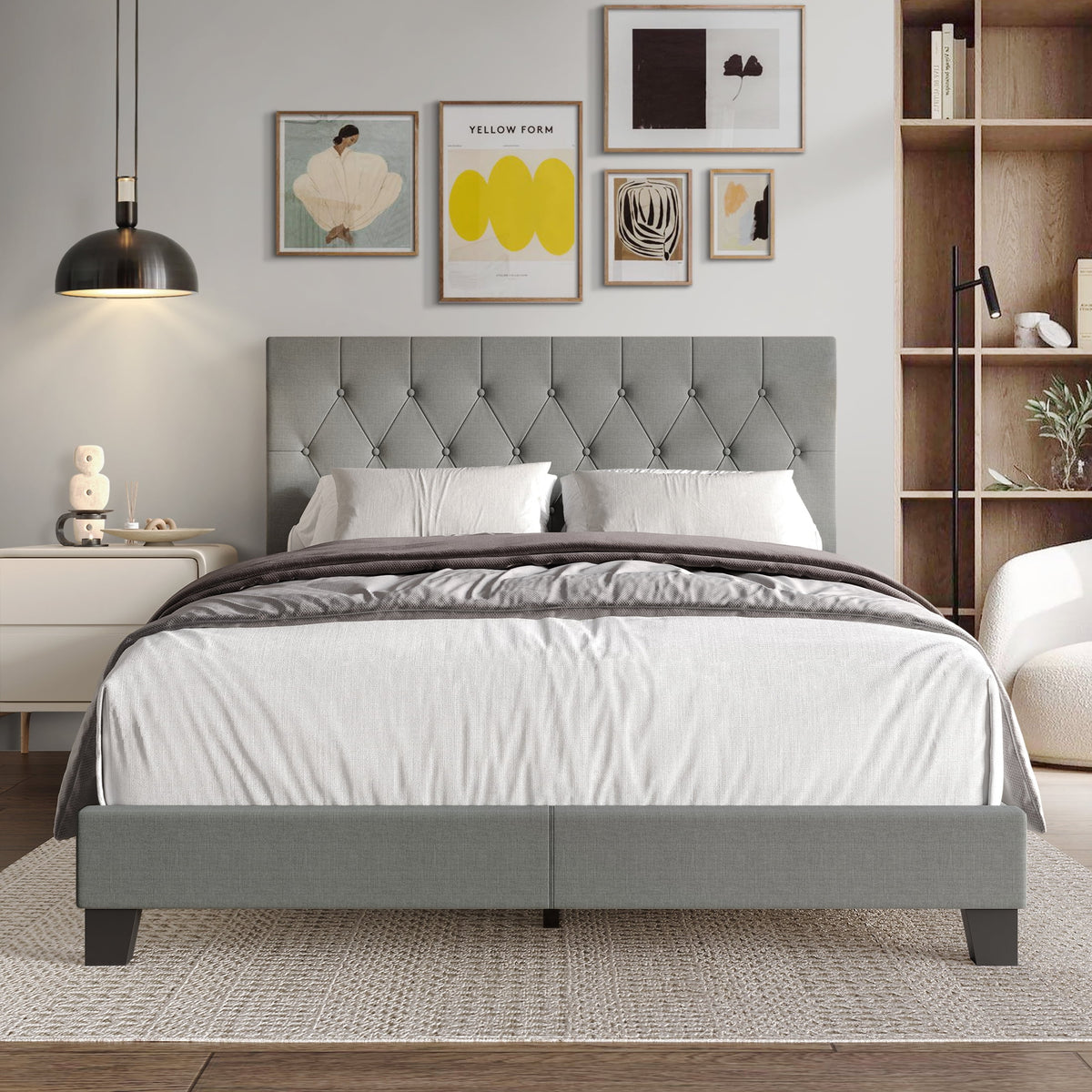 Beige Linen Upholstered Full Bed Y375