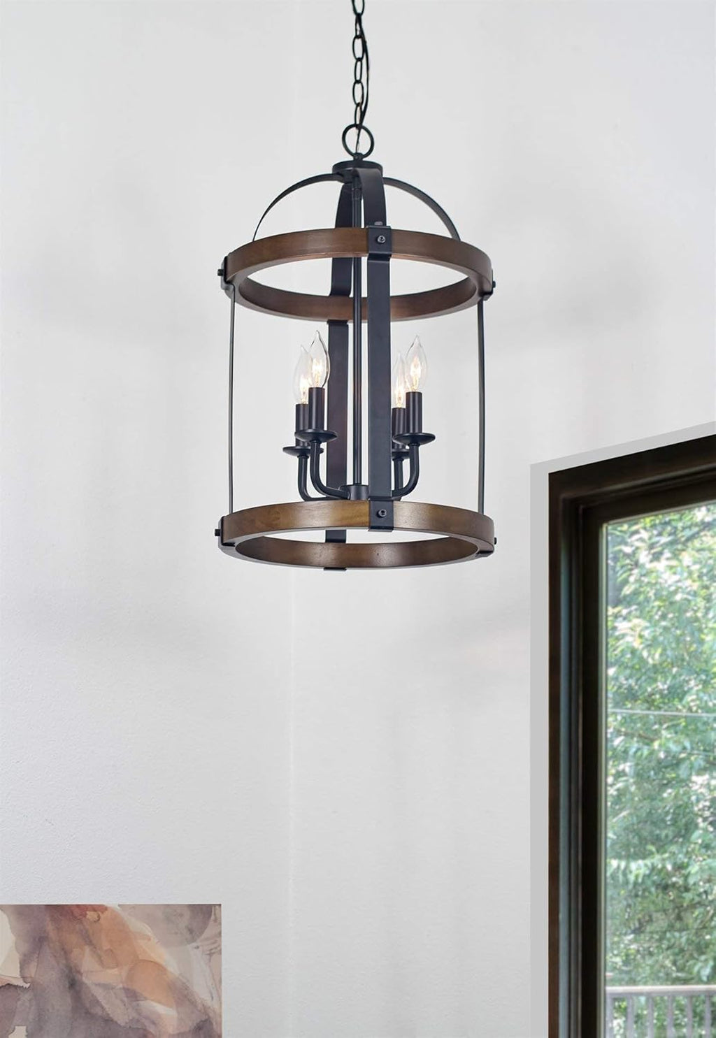 Black 4-Light Rustic Farmhouse Chandelier with Real Wood Z148603
